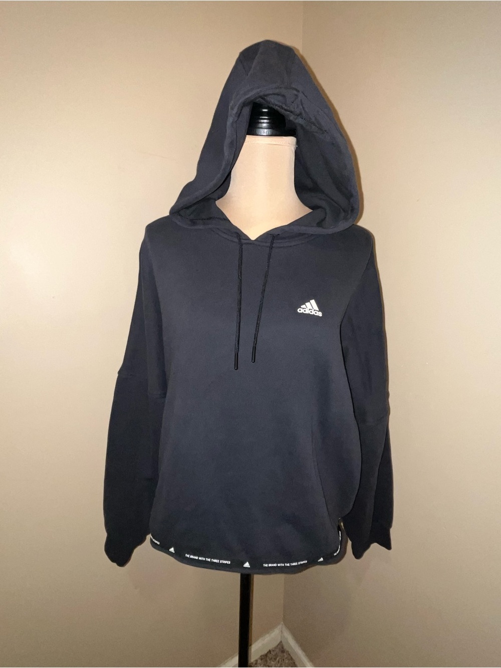 Adidas Oversized Black Long Crop Hoodie, branded trim, size M